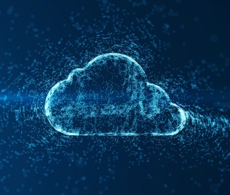 A vector of a PC, laptop, and tablet connecting to a cloud with the words cloud computing written on it