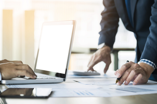 Two IT Professionals working on a laptop and going through paperwork