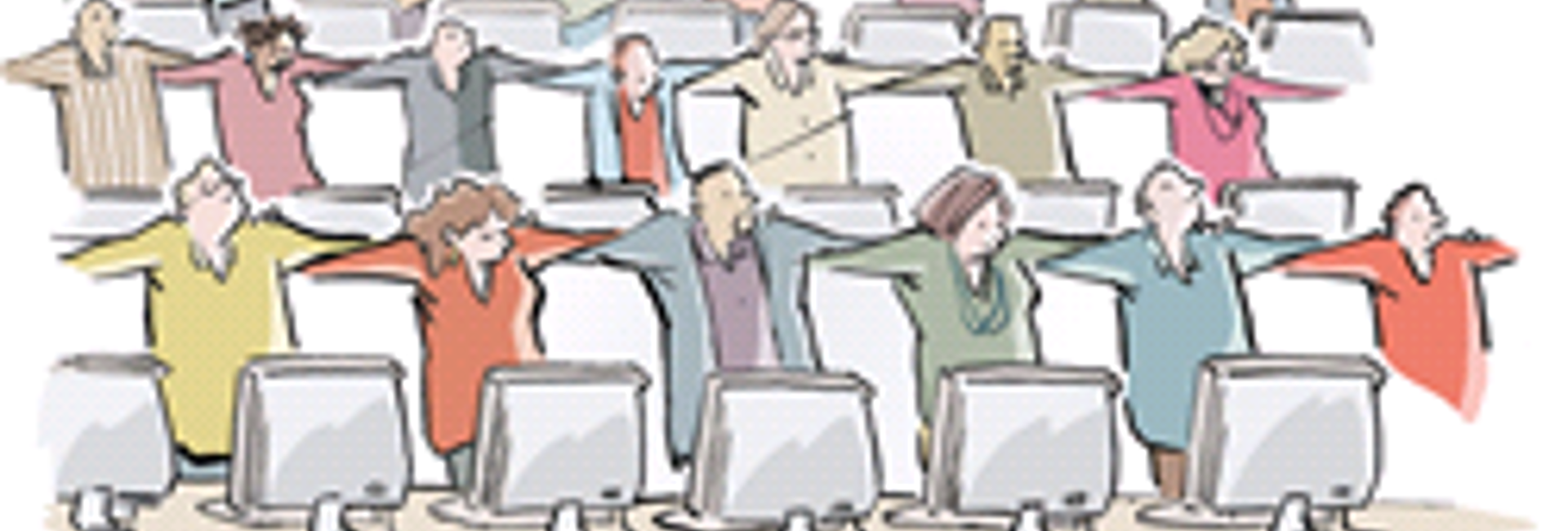 Cartoon of a people standing at their desk with arms linked creating a human firewall for IT Security