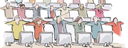 Cartoon of a people standing at their desk with arms linked creating a human firewall for IT Security