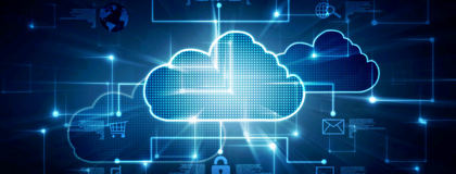 Illuminated icon of a cloud connecting to other icons relating to cybersecurity