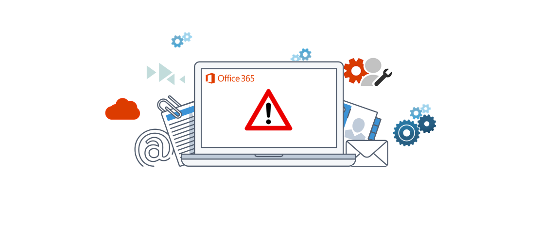 A PC with office 365 displaying on the monitor and a warning symbol indicating the environment has been compromises