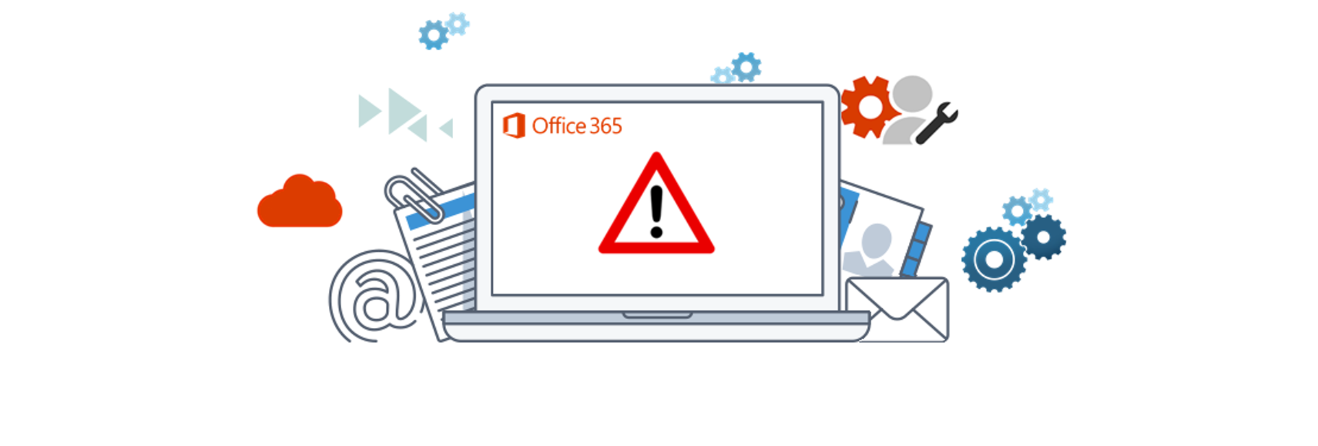 A PC with office 365 displaying on the monitor and a warning symbol indicating the environment has been compromises