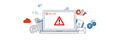 A PC with office 365 displaying on the monitor and a warning symbol indicating the environment has been compromises