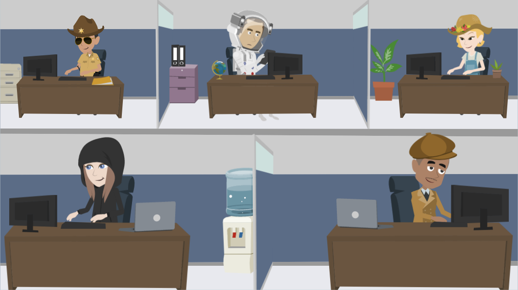 Cartoon image of 5 IT professionals sitting at a desk for a video about a day in the life of Kaon Security