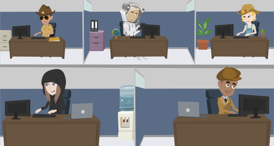 Cartoon image of 5 IT professionals sitting at a desk for a video about a day in the life of Kaon Security