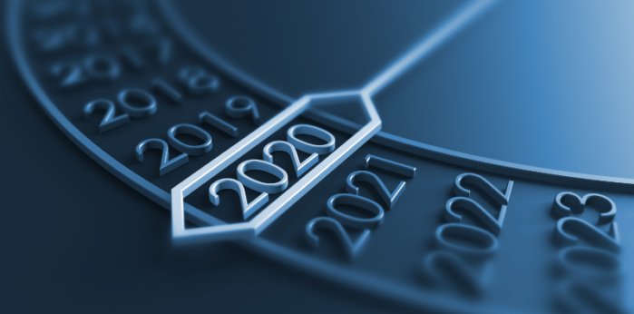 A clock with years instead of minutes on the dial, with the hour hand highlighting the year 2020