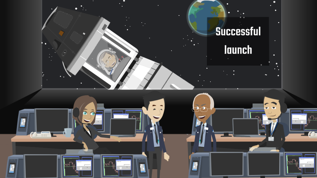 Cartoon image of a control room with a spaceman onscreen for an introduction video on Kaon's cloud security services, Lift Off