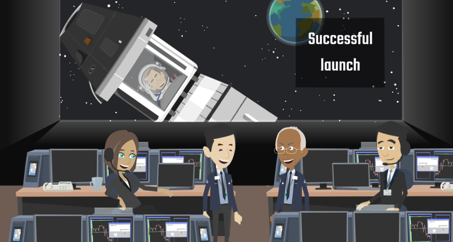 Cartoon image of a control room with a spaceman onscreen for an introduction video on Kaon's cloud security services, Lift Off