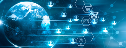 The globe with icons on IT Security, the cloud, email security, and personnel