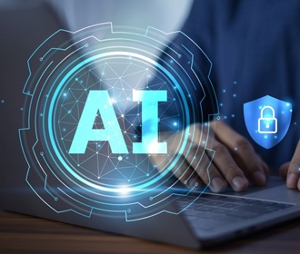 A person working on a laptop on a data governance strategy, with the word “AI” and an overlay of a padlock and shield symbol representing AI best practices.