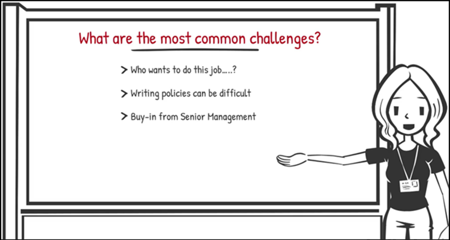 Cartoon woman presenting a video - The challenges of developing, delivering, and maintaining IT policies
