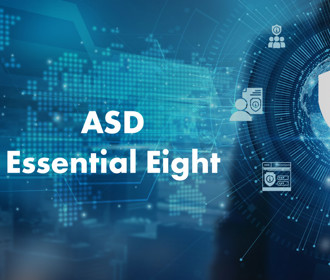 A person pointing at a shield surrounded by eight IT security icons, representing the strategies in the ASD Essential Eight framework.