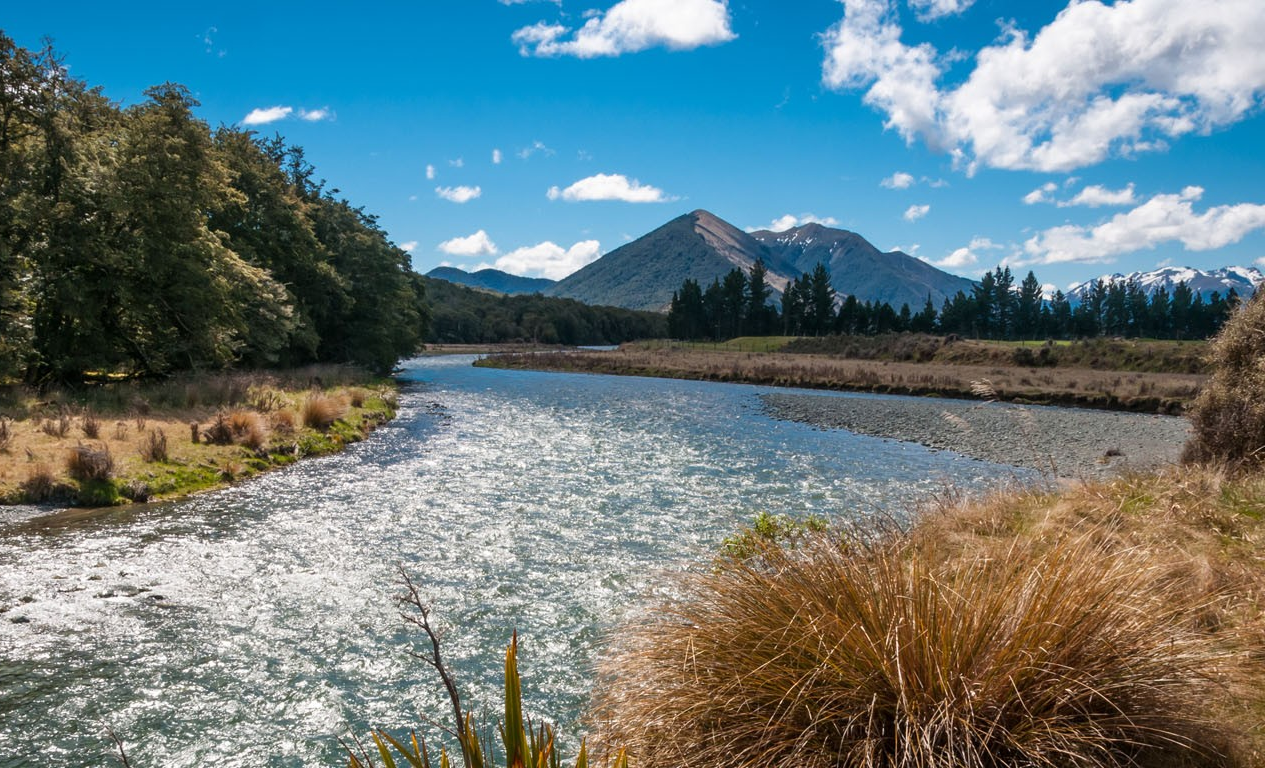 South Island river with mountains in the background