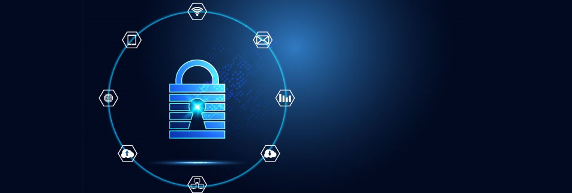 Padlock with a ring of icons for digital assets, systems, and data - demonstrating a strong IT Security Posture 