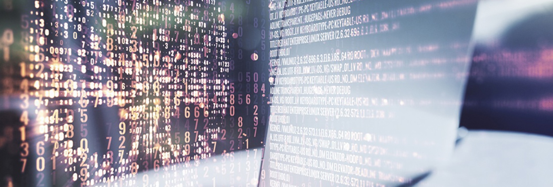 A laptop on a desk with an overlay of numbers and letters forming a skull, illustrating vulnerabilities a hacker could exploit and how penetration testing can identify them.