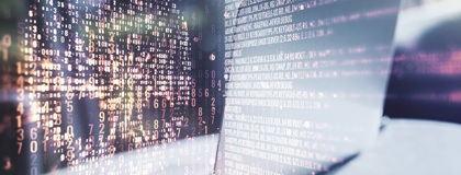 A laptop on a desk with an overlay of numbers and letters forming a skull, illustrating vulnerabilities a hacker could exploit and how penetration testing can identify them.