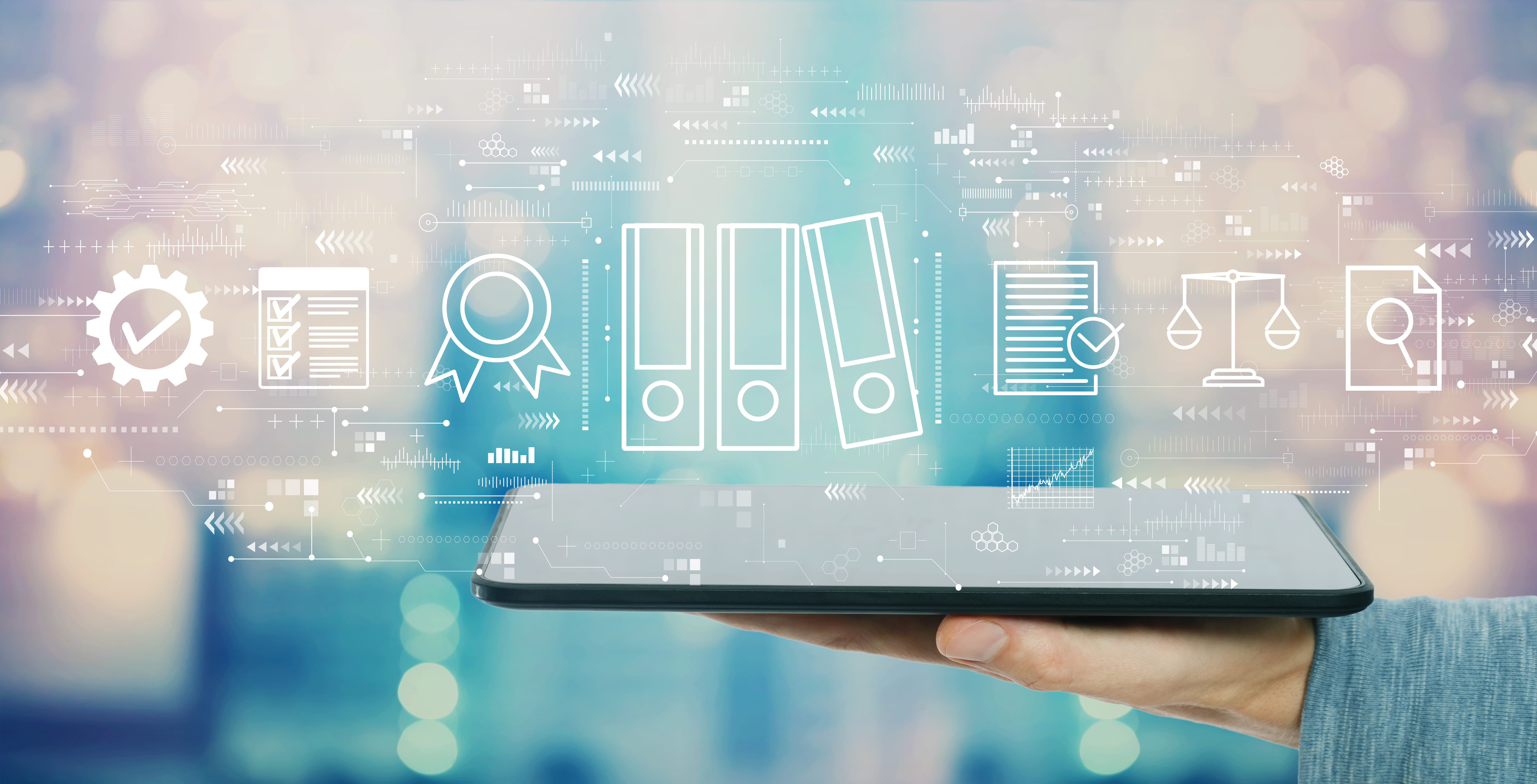 A hand holding a tablet with icons representing IT policies, procedures, cybersecurity, governance, and best practices.