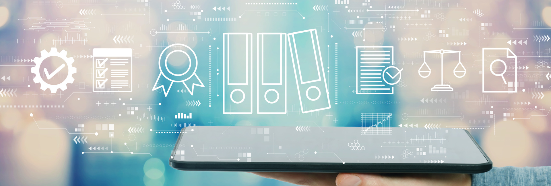 A hand holding a tablet with icons representing IT policies, procedures, cybersecurity, governance, and best practices.