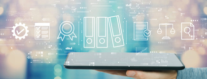 A hand holding a tablet with icons representing IT policies, procedures, cybersecurity, governance, and best practices.