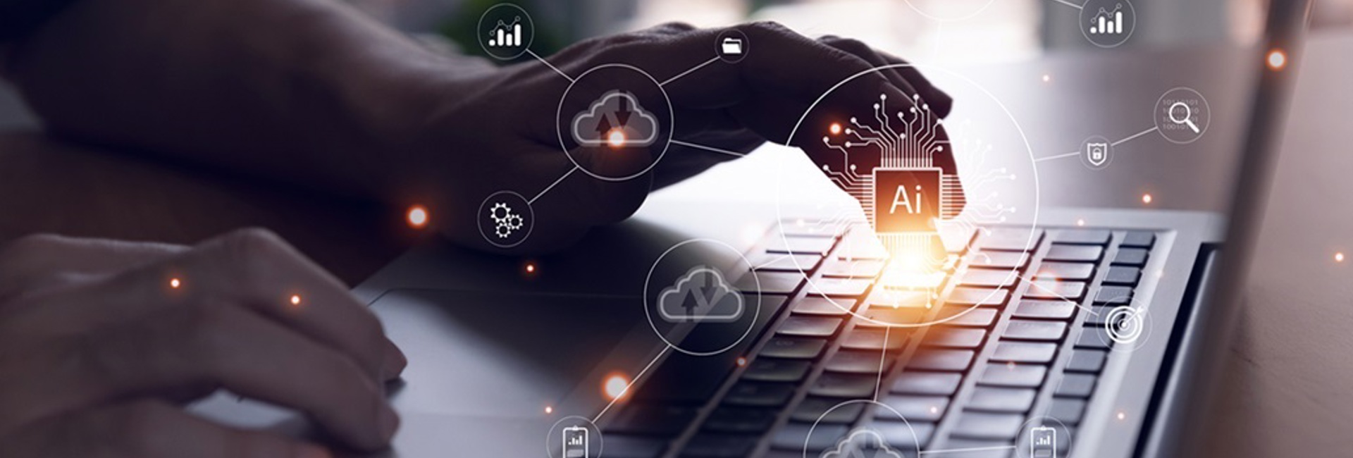 A close up on a businesswoman hands typing on a laptop creating effective AI policies