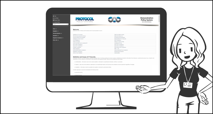 Cartoon woman presenting a video - Policy Management as a service Indepth