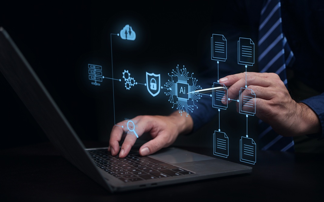 A person working on a laptop holding a pen to an overlay of icons representing AI and Data and information governance
