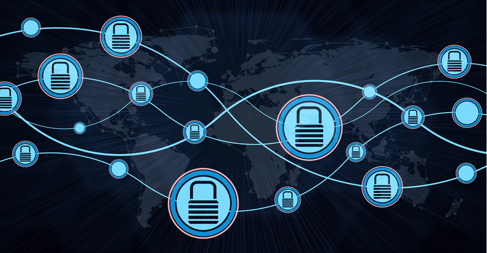 World map with interconnected padlock icons overlay, illustrating cyber security and third-party vendor risk management.